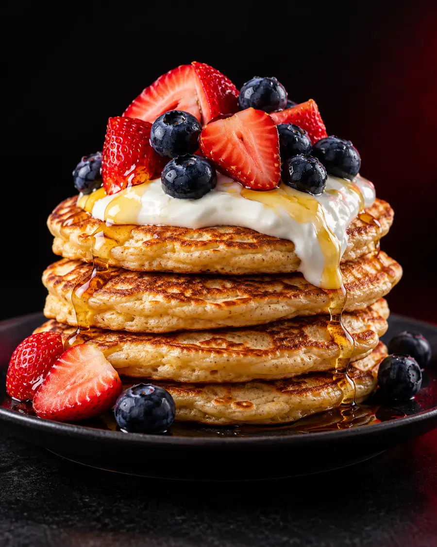 Pancakes proteicos con yogur y frutos rojos