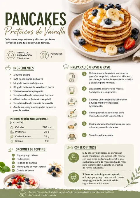 Página real de la receta Pancakes Proteicos de Vainilla